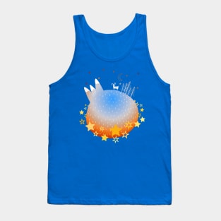 "Home Planet" in orange, blue, and white with a ring of yellow stars - a whimsical world Tank Top